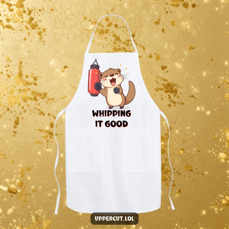 Funny otter in gloves, playfully punching a floating bag, a humorous apron for joyful kitchen fun.
