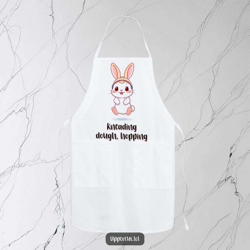 Funny rabbit wearing boxing headgear, energetically bouncing on toes, a humorous apron for kitchen fun.