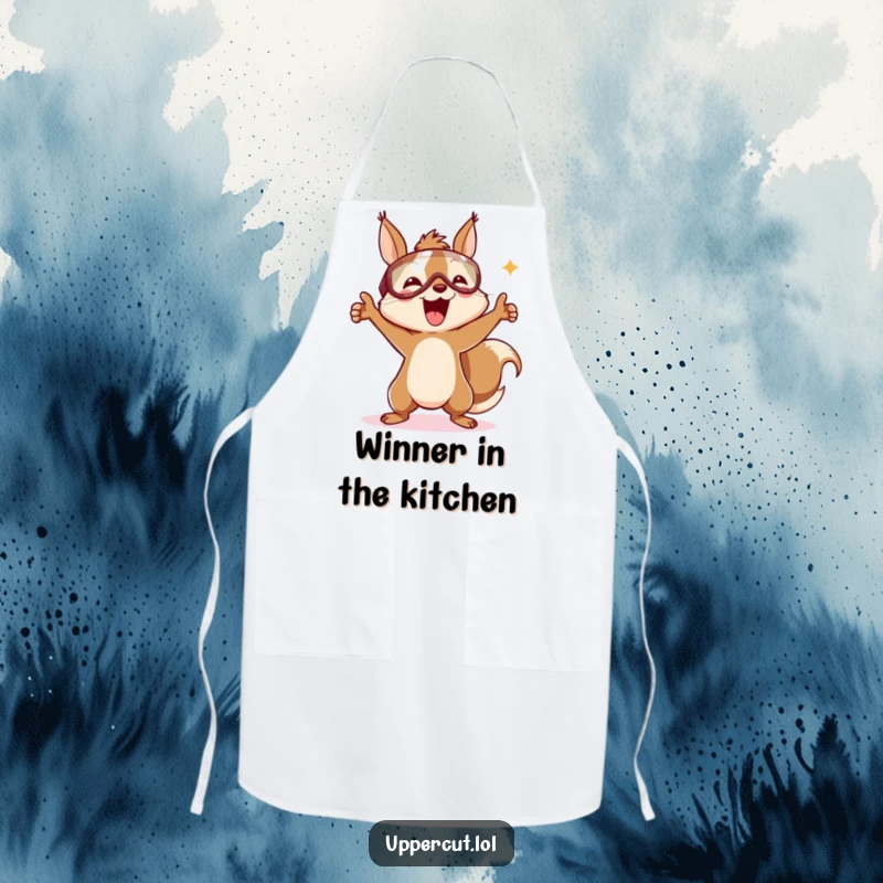 Funny apron featuring a delighted squirrel in a headguard, joyfully performing a victory dance while ready for kitchen tasks.