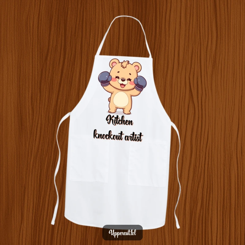 Funny apron with a happy bear cub in boxing gloves, throwing a playful jab, blending kitchen utility with adorable fun.