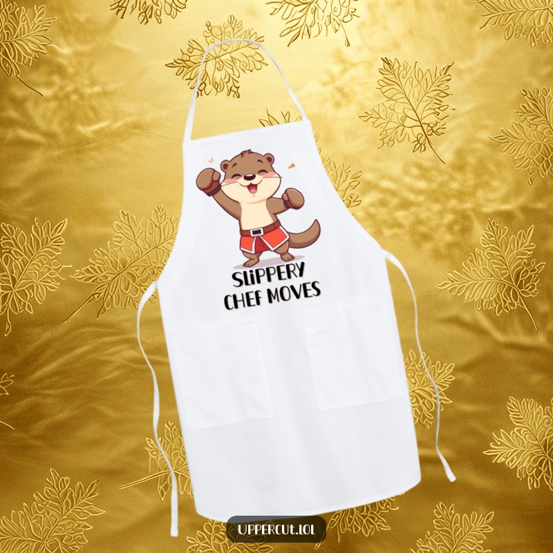 Funny otter in boxing shorts, playfully dodging a jab while cooking, a humorous and protective apron.
