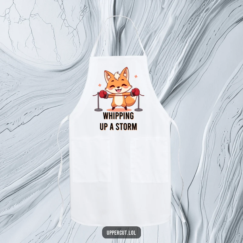 Funny fox in boxing gloves comically trying to skip rope, a humorous apron for kitchen fun and laughter.