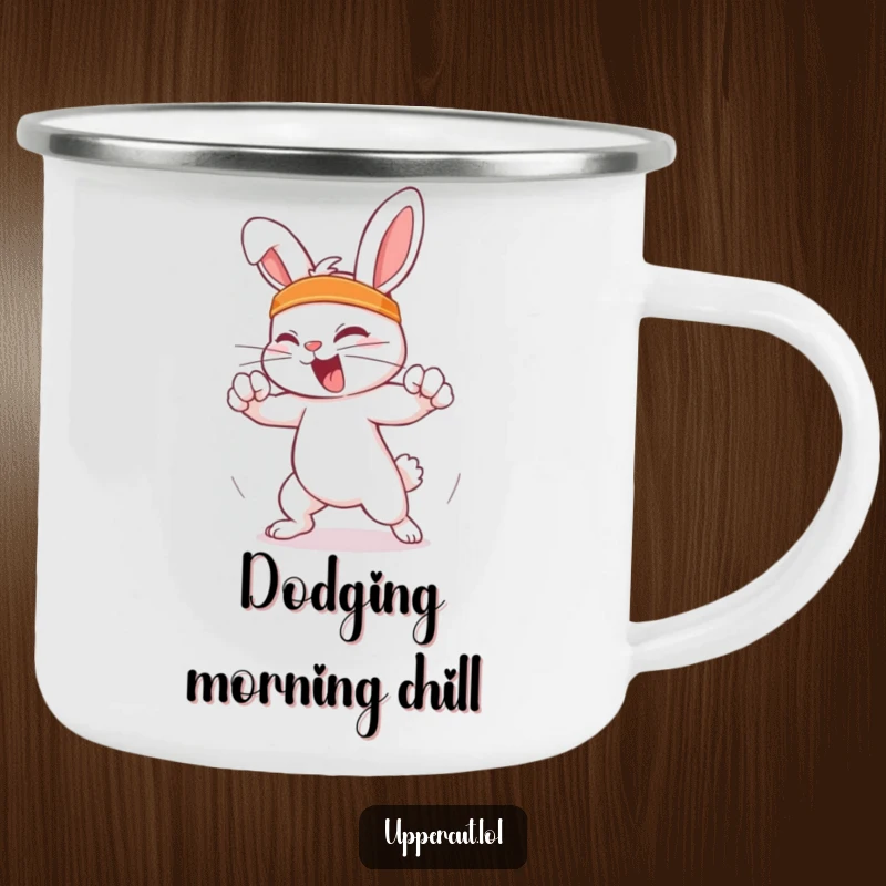 Funny Feisty Rabbit Camping Mug: Feisty rabbit in a headband humorously dodging an imaginary punch, perfect for funny outdoor challenges.