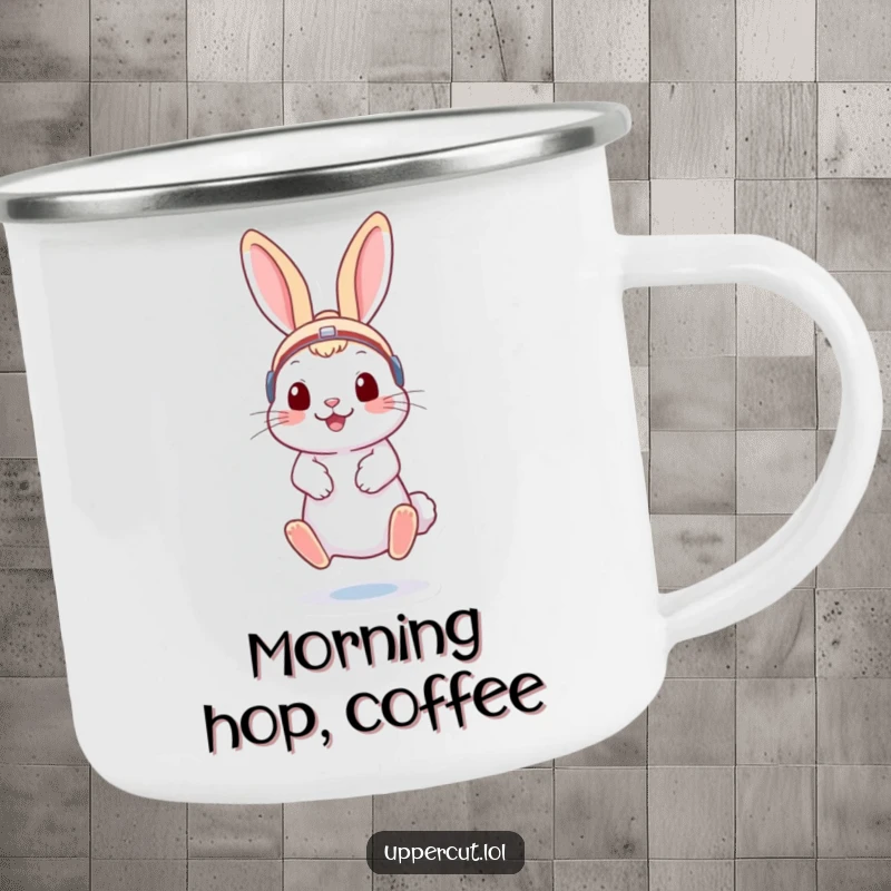 Funny rabbit wearing boxing headgear, energetically bouncing on toes, a durable camping mug for playful outdoor fun.