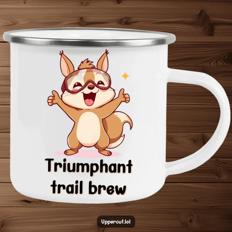 Funny camping mug showcasing a delighted squirrel in a headguard, performing a cheerful victory dance on a camping adventure.