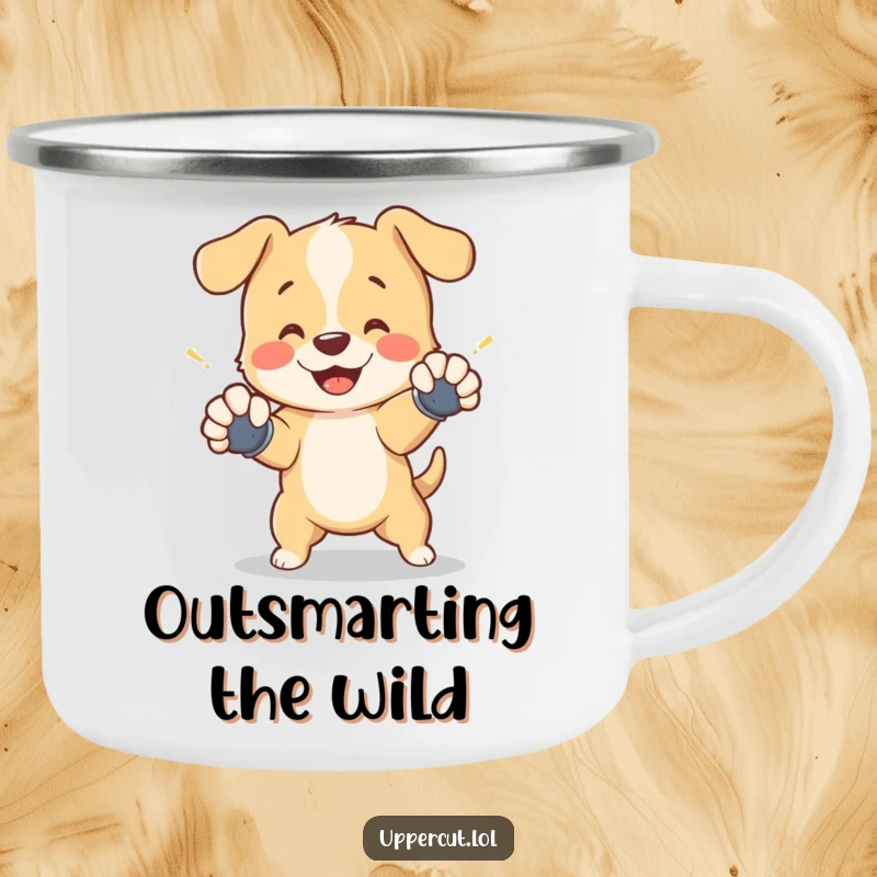 Funny camping mug with a cheerful puppy in tiny gloves, playfully dodging a shadow punch, ready for outdoor adventures.