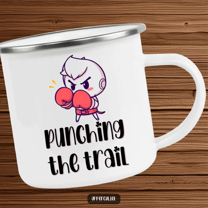 Funny Boxing Glove Punch Camping Mug: Determined boxing glove character humorously throwing a punch, perfect for funny outdoor challenges.
