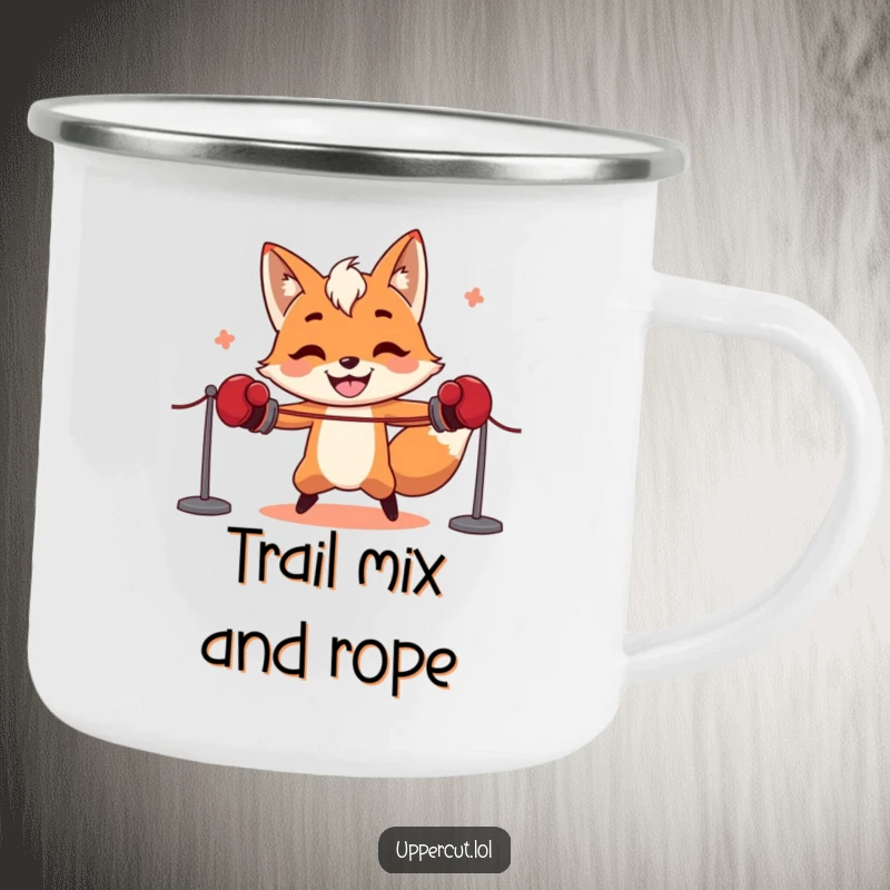 Funny fox in boxing gloves comically trying to skip rope, a durable camping mug for rugged, humorous adventures.