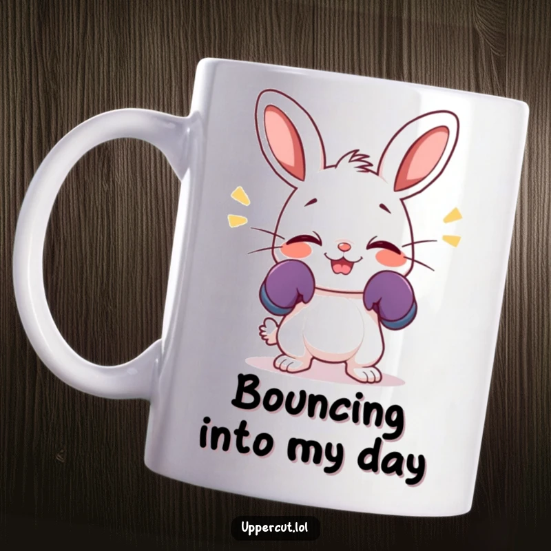 Funny mug featuring a giggling rabbit wearing tiny boxing gloves, enthusiastically wiggling its nose with joy.