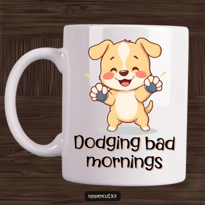 Funny mug showing a cheerful puppy with tiny gloves, playfully dodging a shadow punch with agility and charm.