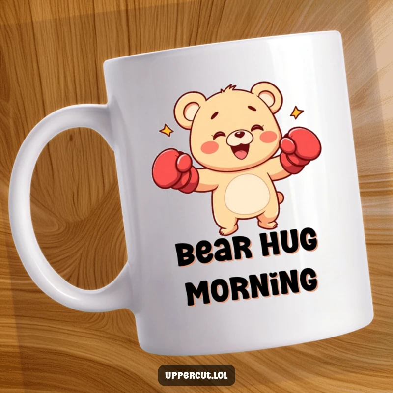 Funny happy bear cub wearing boxing gloves, playfully delivering a punch, a cute and powerful gift mug for boxing fans.