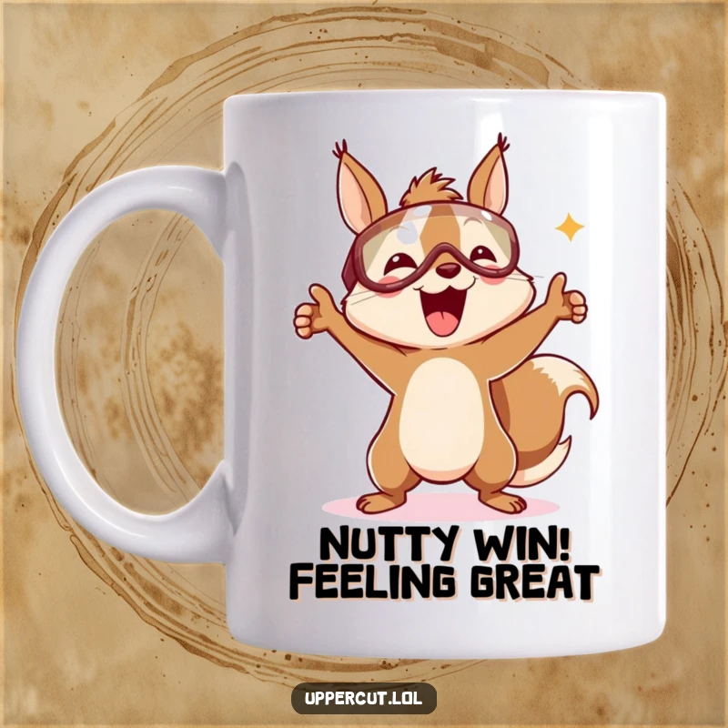 Funny mug featuring a delighted squirrel in a headguard, joyfully performing a victory dance with ecstatic energy.