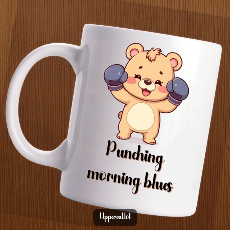 Funny mug showing a happy bear cub wearing boxing gloves, throwing a playful jab with adorable determination.