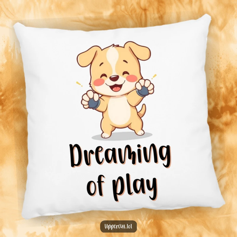 Funny pillow with a cheerful puppy wearing tiny gloves, playfully dodging a shadow punch, offering plush comfort and playful charm.
