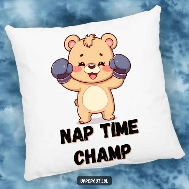 Funny pillow with a happy bear cub wearing boxing gloves, throwing a playful jab, offering plush comfort and playful charm.