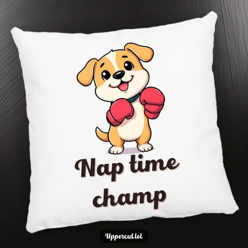 Funny dog boxer pillow featuring a cute cartoon dog in boxing mitts, playfully tapping its paws, offering comfort and cheer.