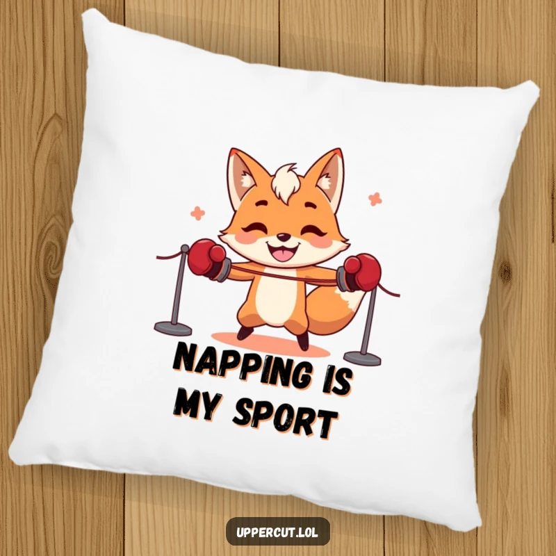 Funny fox wearing boxing gloves, comically attempting jump rope, a soft and humorous pillow for decorative laughs.