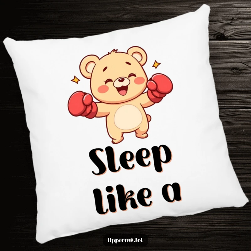 Funny bear cub character wearing boxing gloves, shown playfully punching, a soft and humorous decorative pillow.