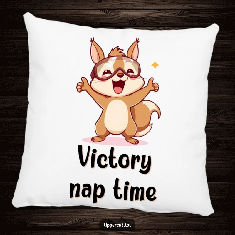 Funny pillow featuring a happy squirrel in a headguard, doing a jubilant victory dance, perfect for adding cheer.