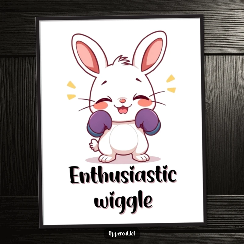 Funny digital art print of a giggling rabbit wearing tiny boxing gloves, enthusiastically wiggling its nose with playful charm.
