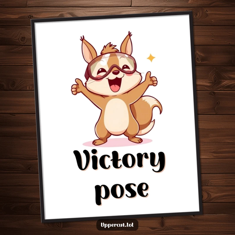 Funny digital art print of a delighted squirrel in a headguard, executing an energetic victory dance with pure elation.