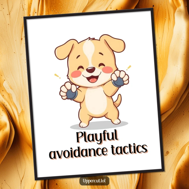 Funny digital art print of a cheerful puppy wearing tiny gloves, playfully dodging a shadow punch, perfect for wall decor.