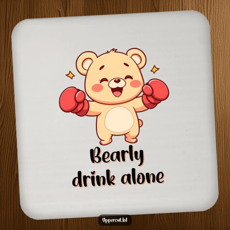 Funny bear cub character with boxing gloves, playfully punching, a protective and humorous drink coaster.