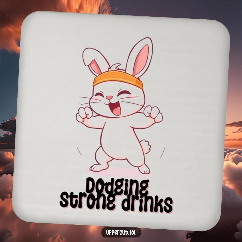 Funny Feisty Rabbit Coaster: Feisty rabbit in a headband humorously dodging an imaginary punch, adding funny protection.