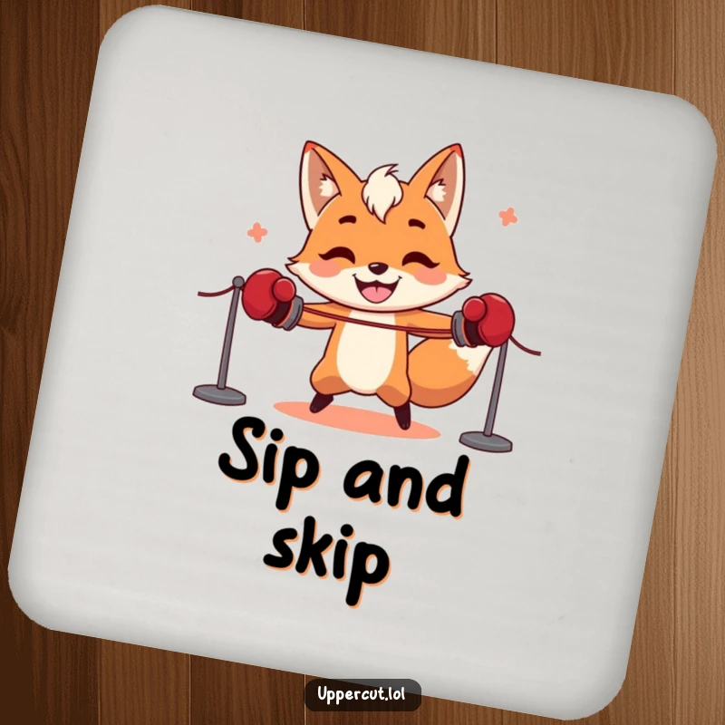 Funny fox wearing boxing gloves, comically attempting jump rope, a humorous drink coaster for surface protection.