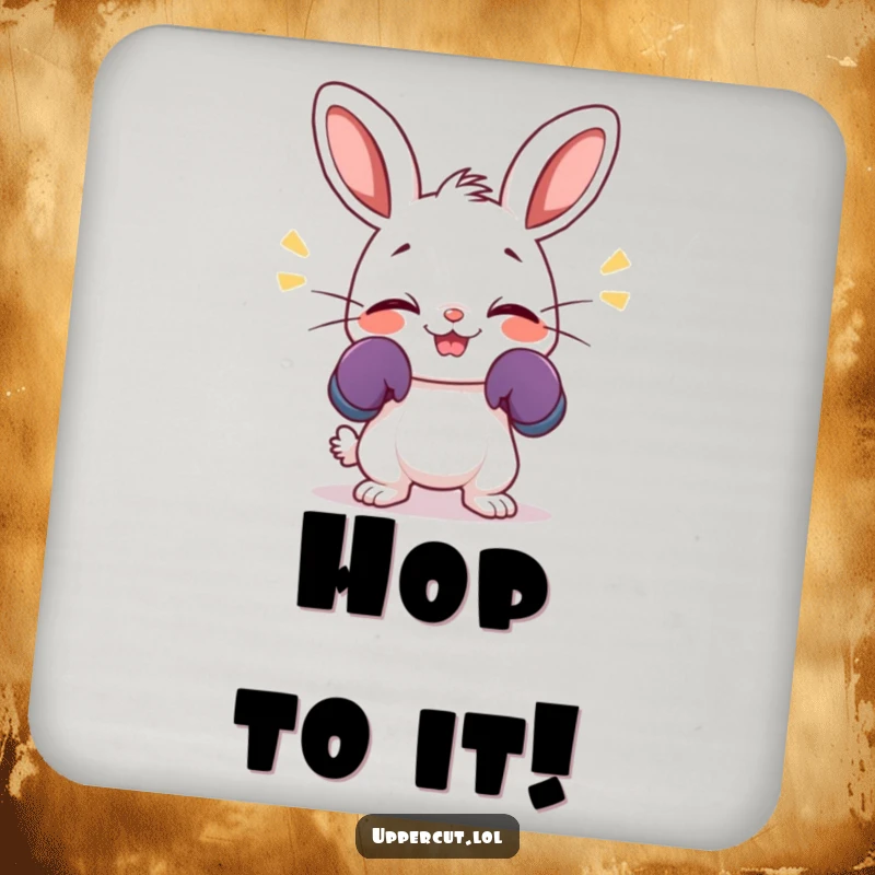 Funny coaster featuring a giggling rabbit in tiny boxing gloves, wiggling its nose with cheerful enthusiasm for surface protection.