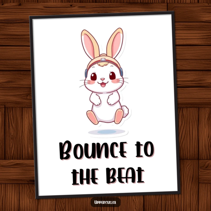 Funny rabbit wearing boxing headgear, playfully bouncing on toes, humorous wall art poster for energetic decor.
