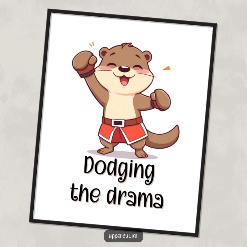 Funny cheerful otter in boxing shorts, playfully dodging an imaginary jab, a dynamic and energetic art print.