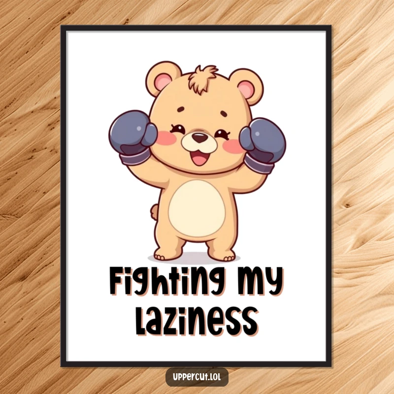 Funny poster of a happy bear cub wearing boxing gloves, throwing a playful jab, adding a dynamic and humorous touch.