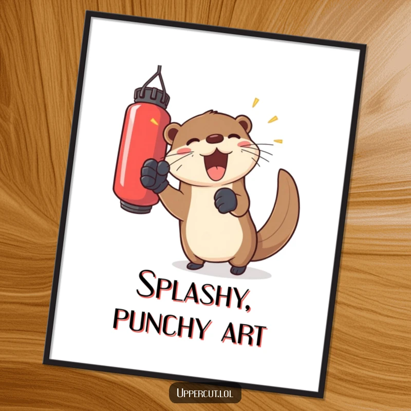 Funny otter wearing gloves, playfully punching a floating bag, humorous wall art poster for joyful decor.