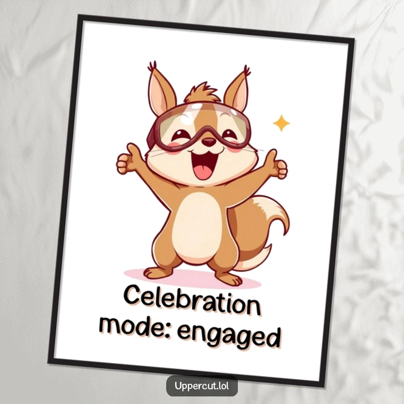 Funny poster showcasing a delighted squirrel in a headguard, captured in a dynamic and ecstatic victory dance.