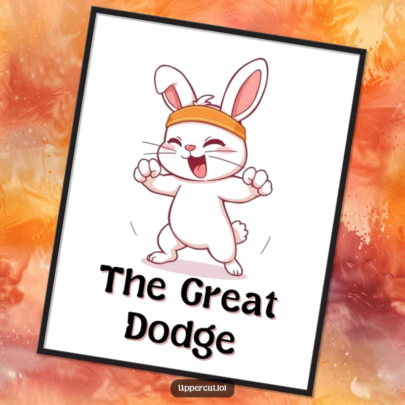 Funny Feisty Rabbit Poster: Feisty rabbit in a headband humorously dodging an imaginary punch, adding funny agility to decor.