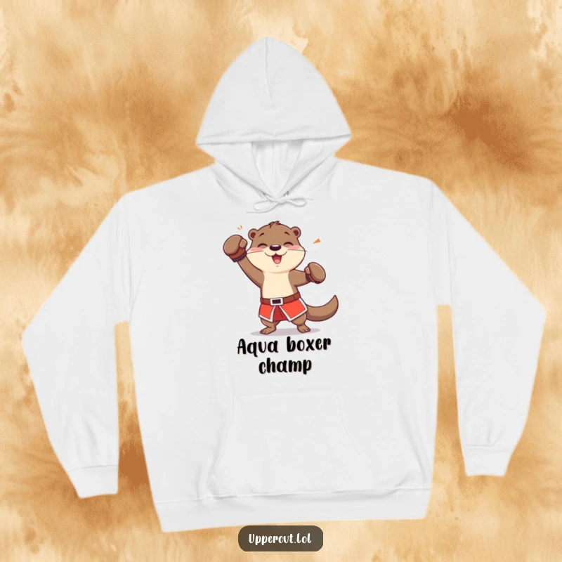 Funny cheerful otter in boxing shorts, playfully dodging an imaginary jab, a cozy and athletic hoodie.