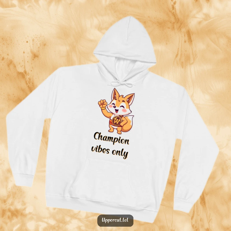 Funny fox champion hoodie featuring a triumphant cartoon fox wearing a championship belt and raising a paw, exuding confidence.