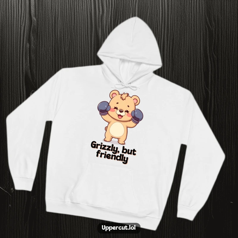 Funny hoodie featuring a happy bear cub wearing boxing gloves, delivering a playful jab with adorable intensity.