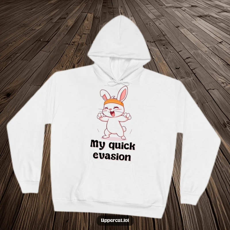 Funny Feisty Rabbit Hoodie: A feisty rabbit wearing a headband, humorously dodging an imaginary punch, perfect for warm, funny action.