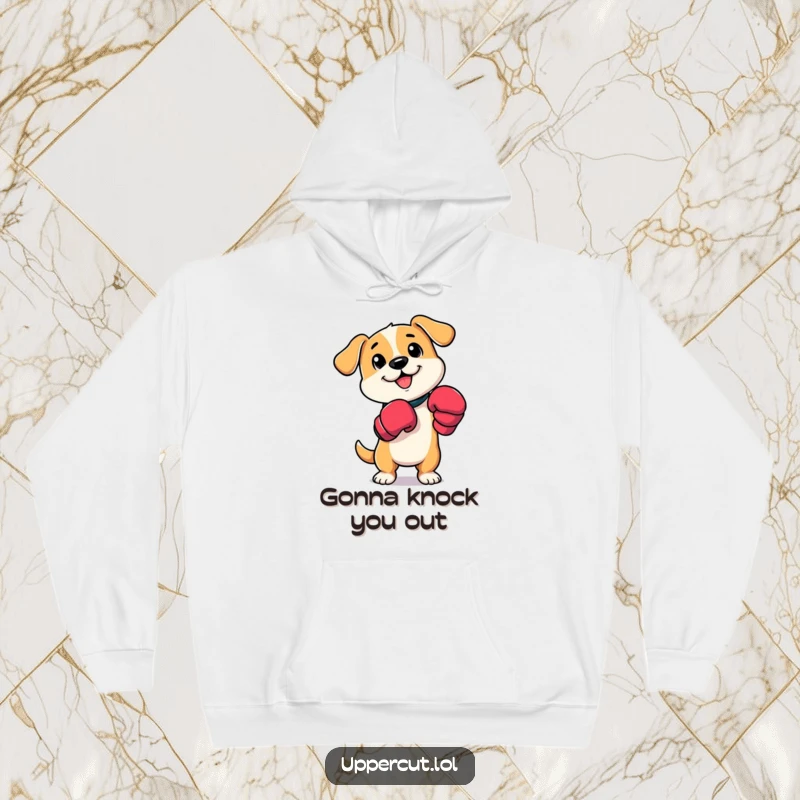 Funny dog boxer hoodie with a cute, playful puppy wearing boxing mitts, gently tapping its paws, radiating cozy cheerfulness.
