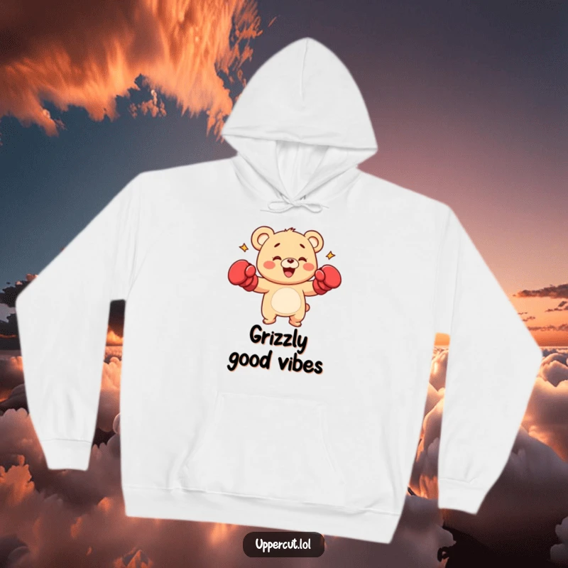 Funny happy bear cub wearing boxing gloves, throwing a playful punch, a cozy and strong hoodie for any fan.