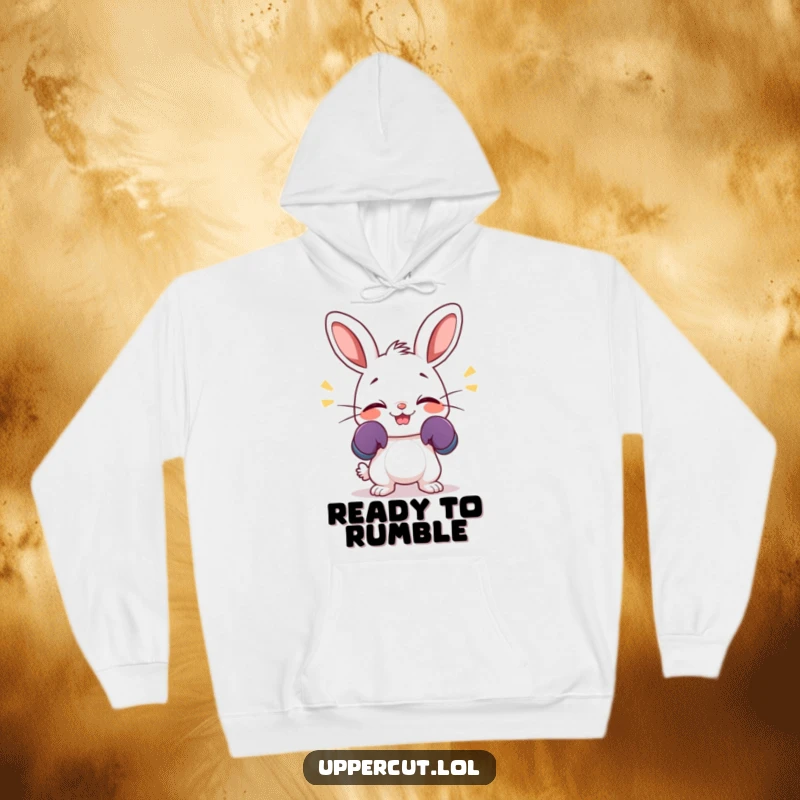 Funny hoodie featuring a giggling rabbit with tiny boxing gloves, enthusiastically wiggling its nose in a cozy embrace.