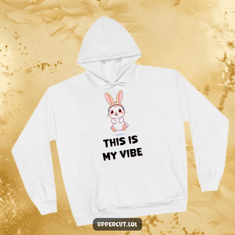 Funny rabbit wearing boxing headgear, playfully bouncing on toes, a soft and humorous hoodie for cozy fun.
