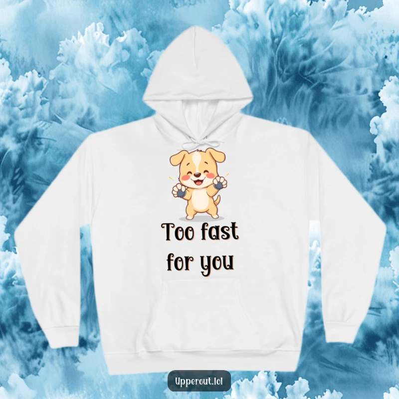 Funny hoodie featuring a cheerful puppy with tiny gloves, playfully dodging a shadow punch, offering cozy humor.