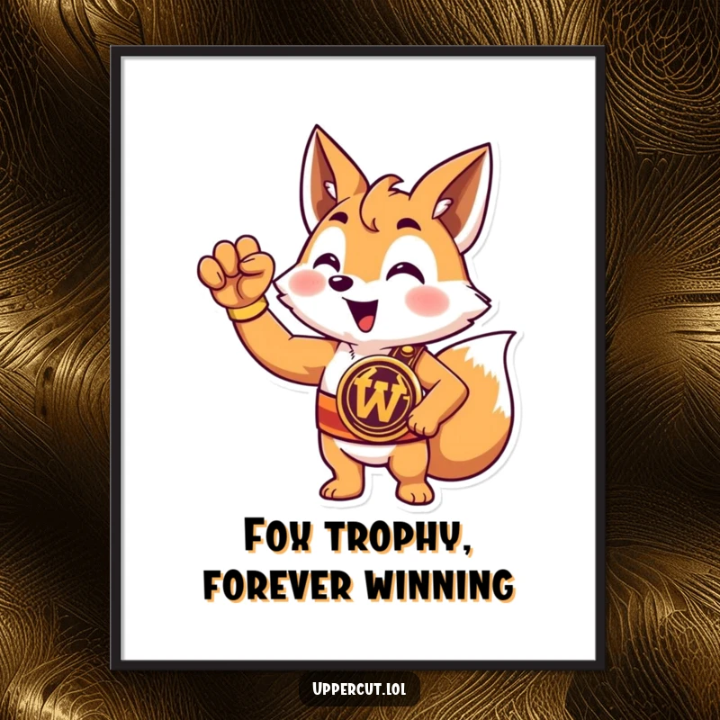 Funny Free Printable Wall Art: A fox wearing a championship belt, raising a triumphant paw, exuding victory and charm.