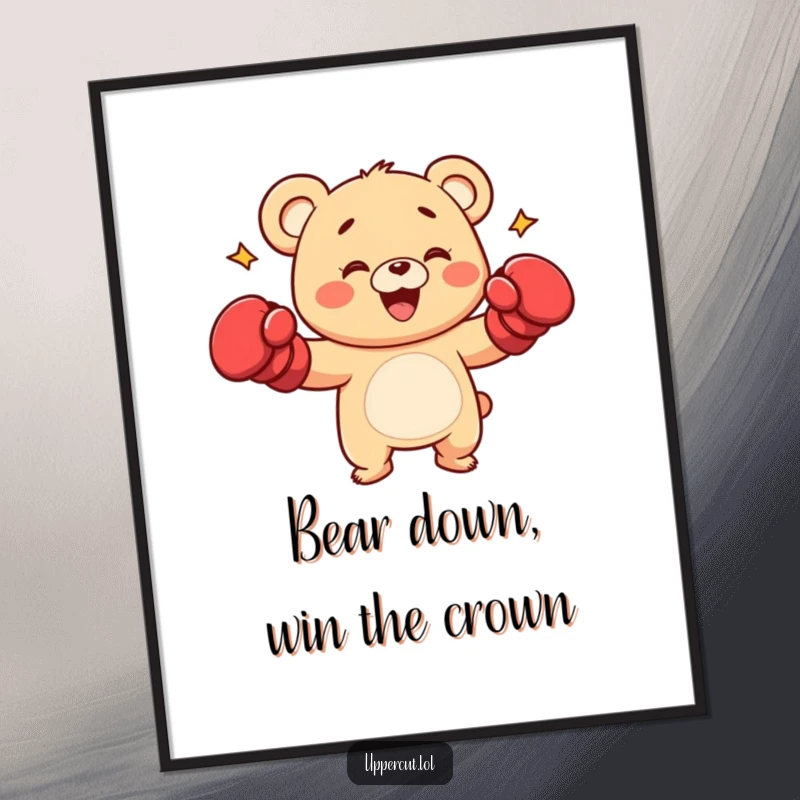 Funny Free Printable Wall Art: A happy bear cub in boxing gloves delivering a playful punch, energetic character art.