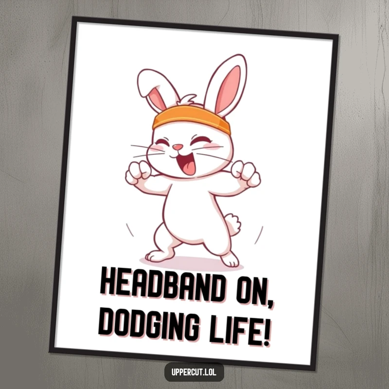 Funny Free Printable Wall Art: Feisty rabbit in a headband dodges an imaginary punch with energetic style for decor.
