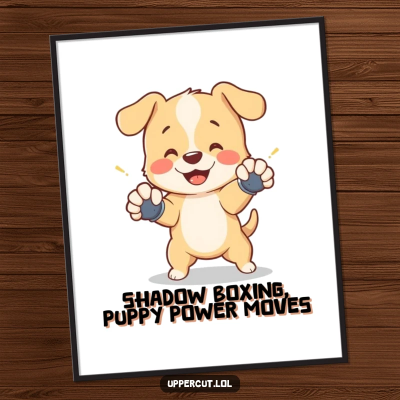 Funny Free Printable wall art of a cheerful puppy wearing tiny boxing gloves, playfully dodging a shadow punch with cute agility.