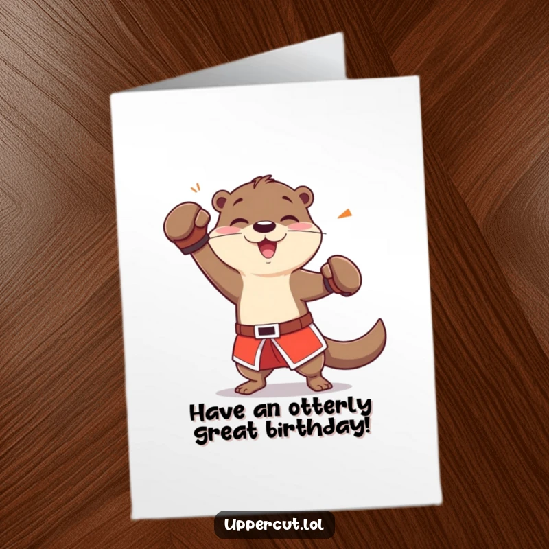 Funny Free Printable Birthday Card: Cheerful otter in boxing shorts playfully dodging an imaginary jab for a birthday.